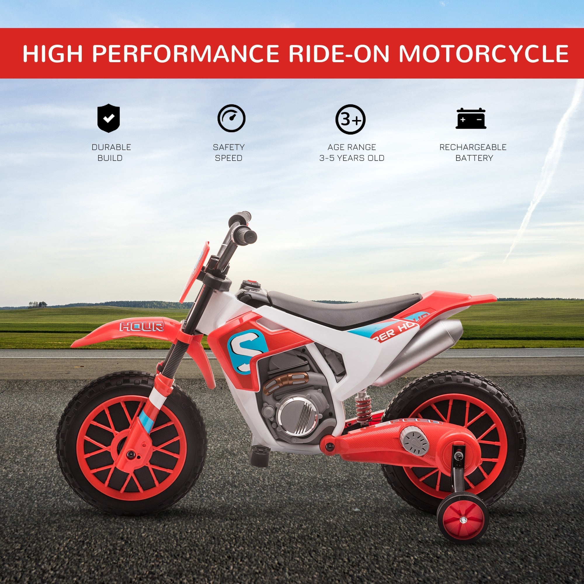 Kids Dirt Bike Battery-Powered Ride-On Electric Motorcycle with Charging 12V Battery, Training Wheels Red Electric Motorcycles   at Gallery Canada