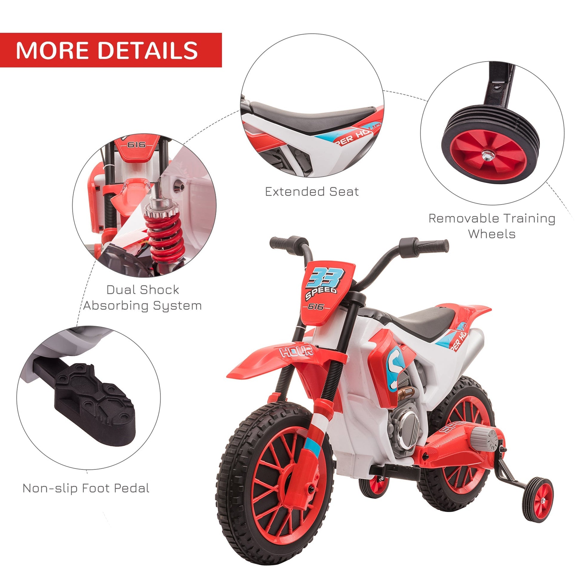 Kids Dirt Bike Battery-Powered Ride-On Electric Motorcycle with Charging 12V Battery, Training Wheels Red Electric Motorcycles   at Gallery Canada