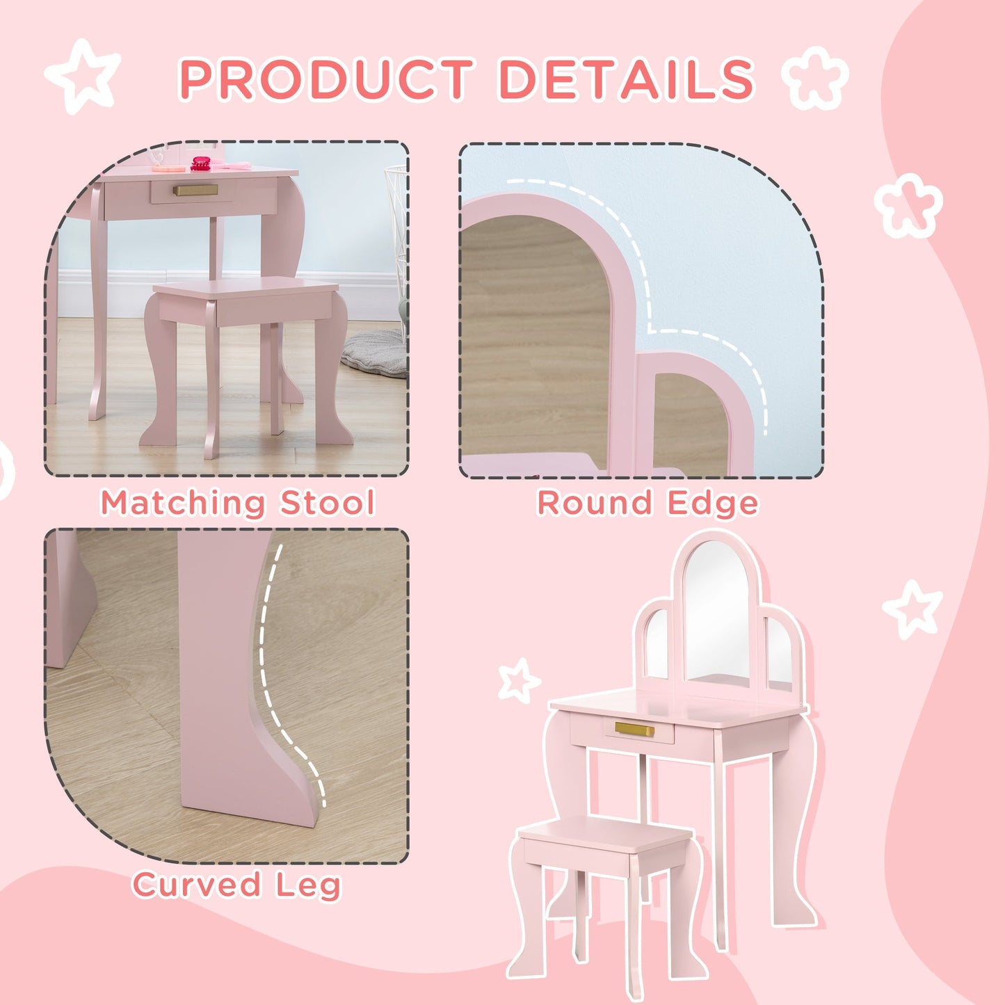 Kids Dressing Table and Chair Set, Girls Dressing Set, Makeup Desk with Drawer for 3-6 Years Old Kids, Pink Kids Bedroom Furniture   at Gallery Canada