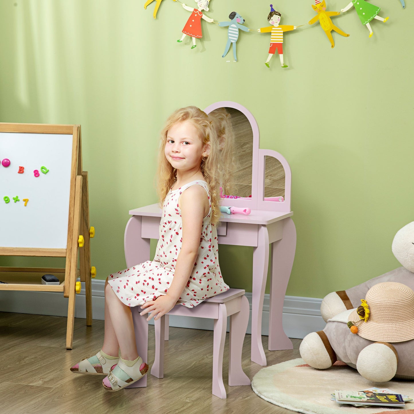 Kids Dressing Table and Chair Set, Girls Dressing Set, Makeup Desk with Drawer for 3-6 Years Old Kids, Pink - Gallery Canada