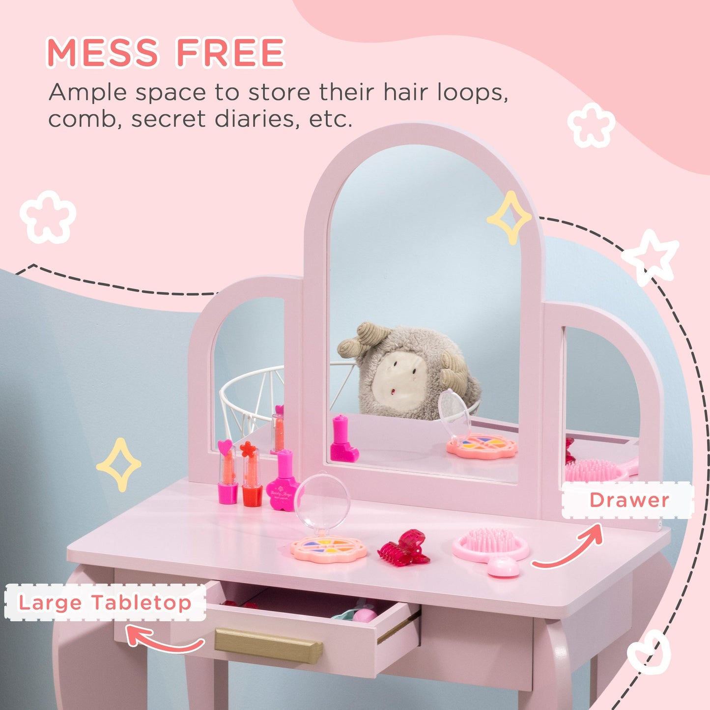 Kids Dressing Table and Chair Set, Girls Dressing Set, Makeup Desk with Drawer for 3-6 Years Old Kids, Pink - Gallery Canada