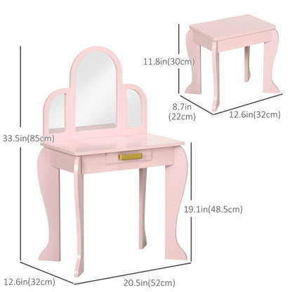 Kids Dressing Table and Chair Set, Girls Dressing Set, Makeup Desk with Drawer for 3-6 Years Old Kids, Pink - Gallery Canada