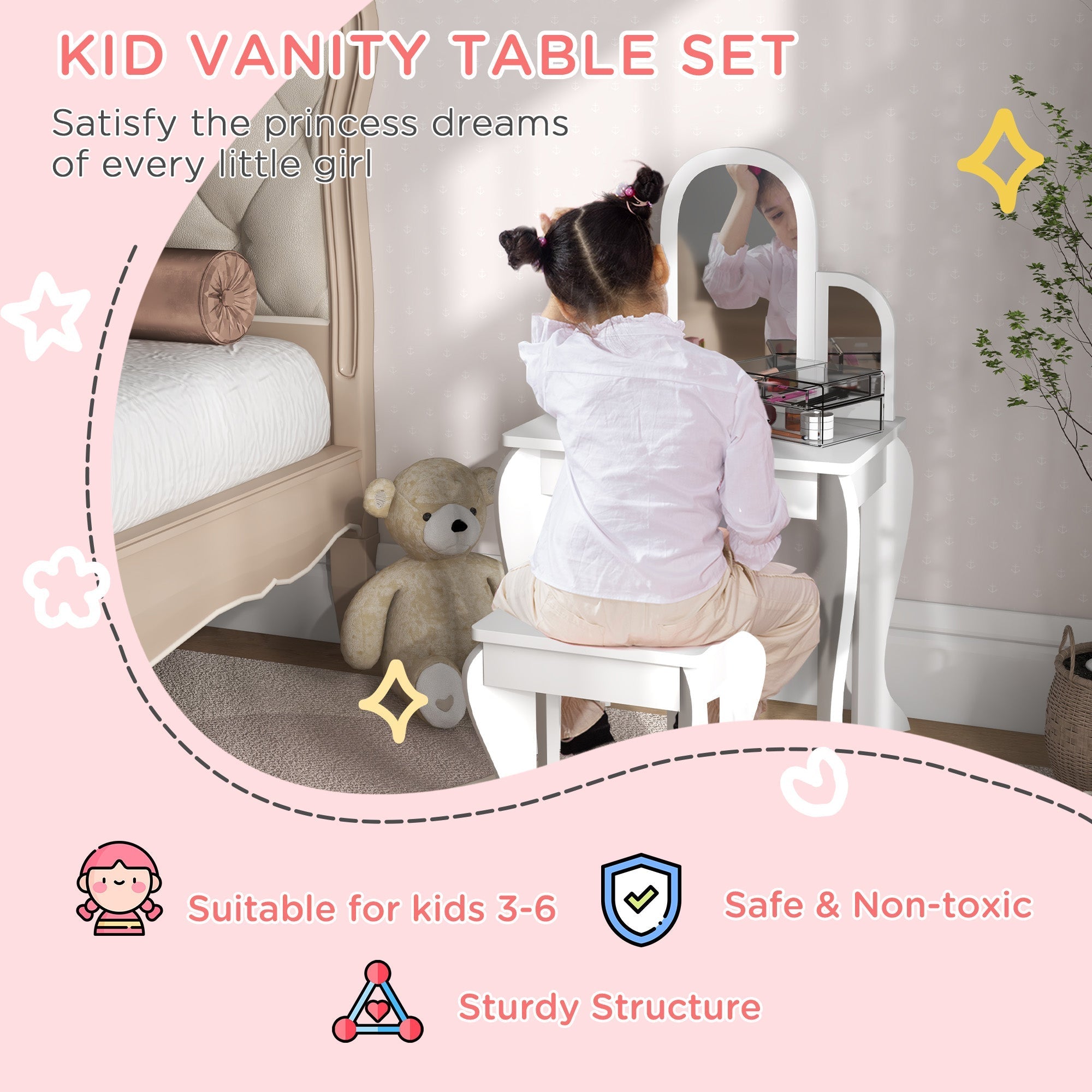 Kids Dressing Table and Chair Set, Girls Dressing Set, Makeup Desk with Drawer for 3-6 Years Old Kids, White Toy Vanity   at Gallery Canada