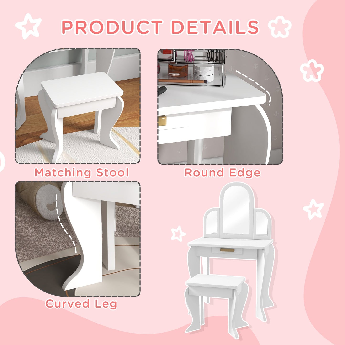 Kids Dressing Table and Chair Set, Girls Dressing Set, Makeup Desk with Drawer for 3-6 Years Old Kids, White Toy Vanity   at Gallery Canada