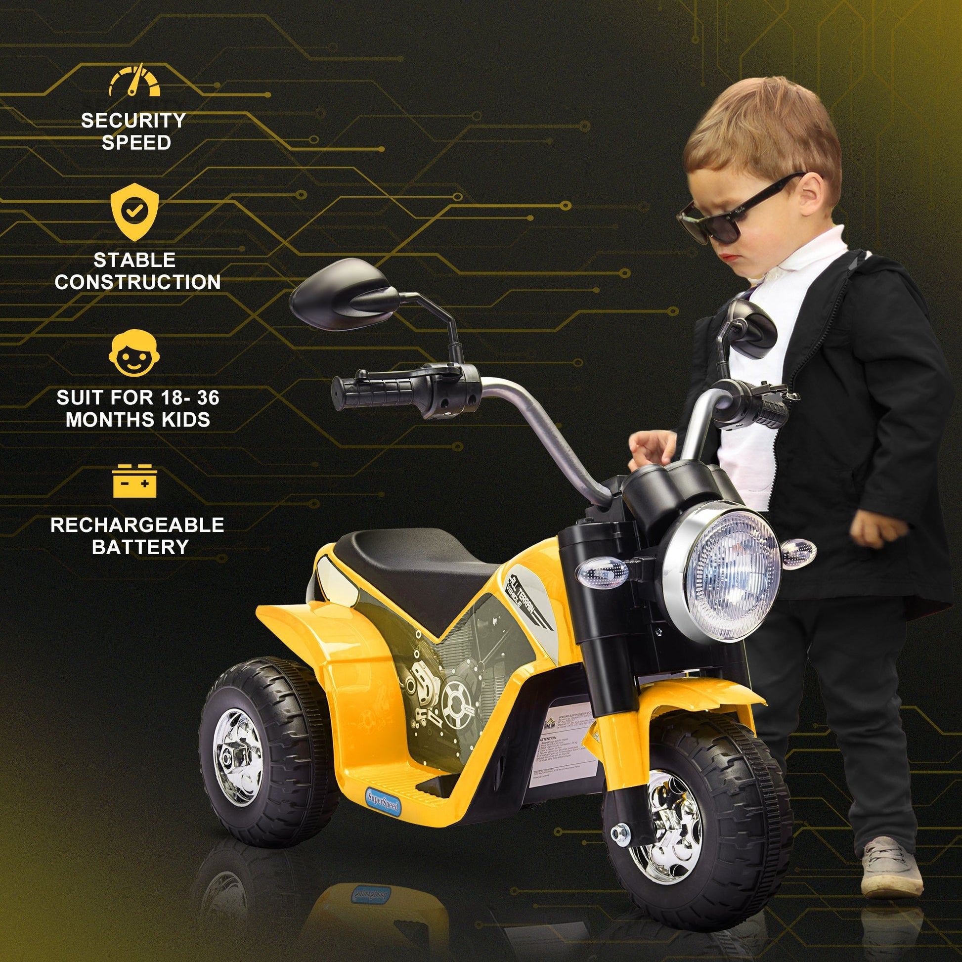 Kids Electric Motorcycle 6V Battery Powered Ride-On Dirt Bike 3-Wheels Motorbike Yellow Electric Motorcycles   at Gallery Canada