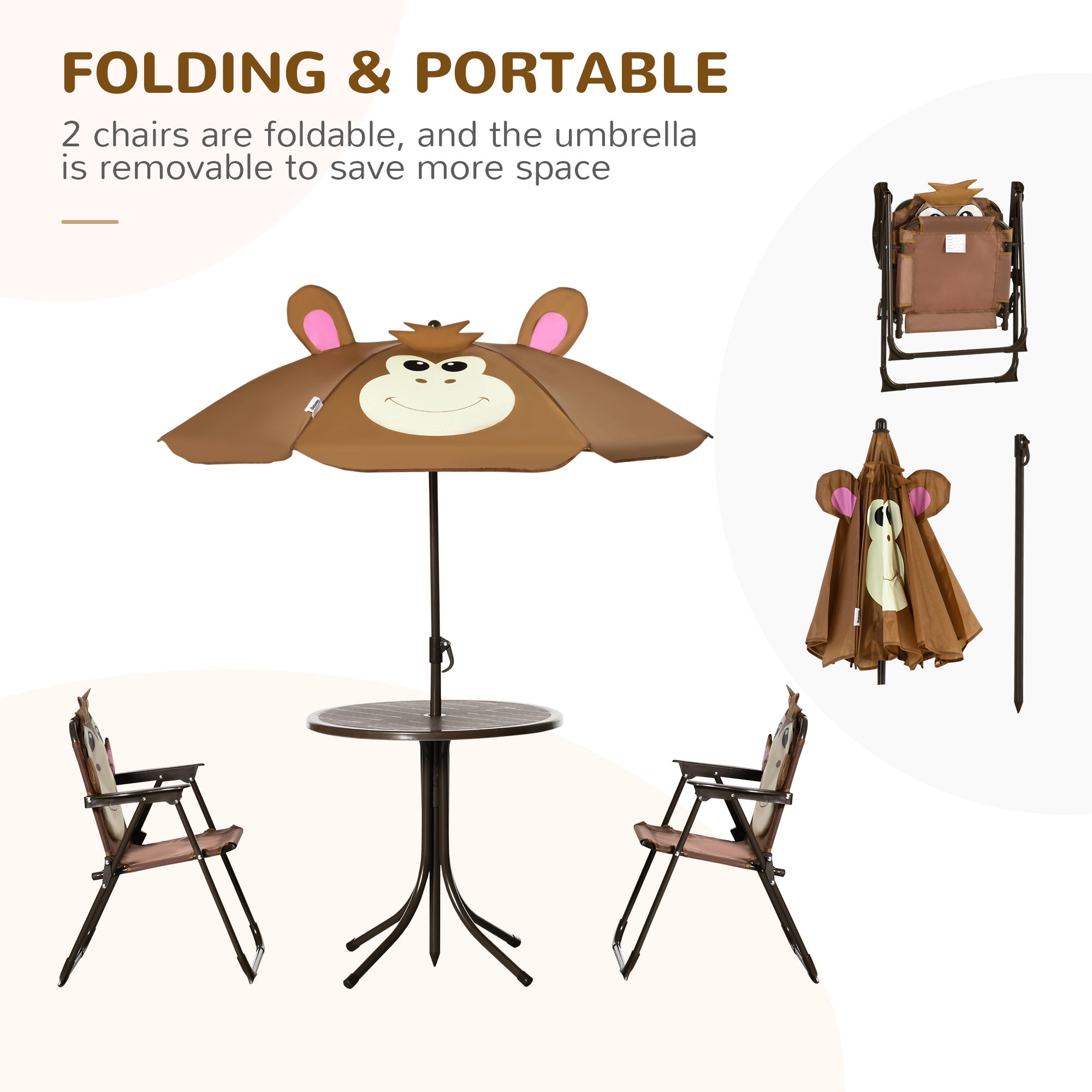 Kids Folding Picnic Table and Chair Set Pattern Outdoor Garden Patio Backyard with Removable &; Height Adjustable Sun Umbrella Brown Kids Outdoor Furniture   at Gallery Canada