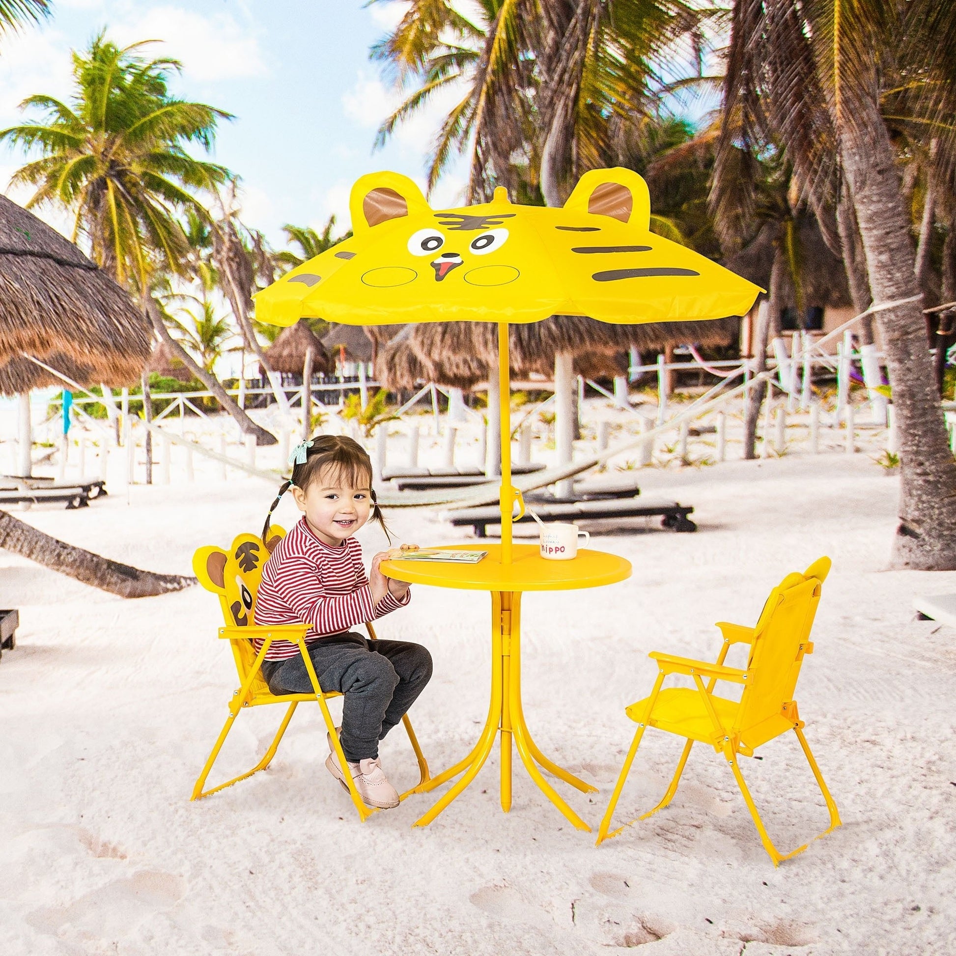 Kids Folding Picnic Table and Chair Set Pattern Outdoor Garden Patio Backyard with Removable &; Height Adjustable Sun Umbrella Yellow Kids Outdoor Furniture   at Gallery Canada