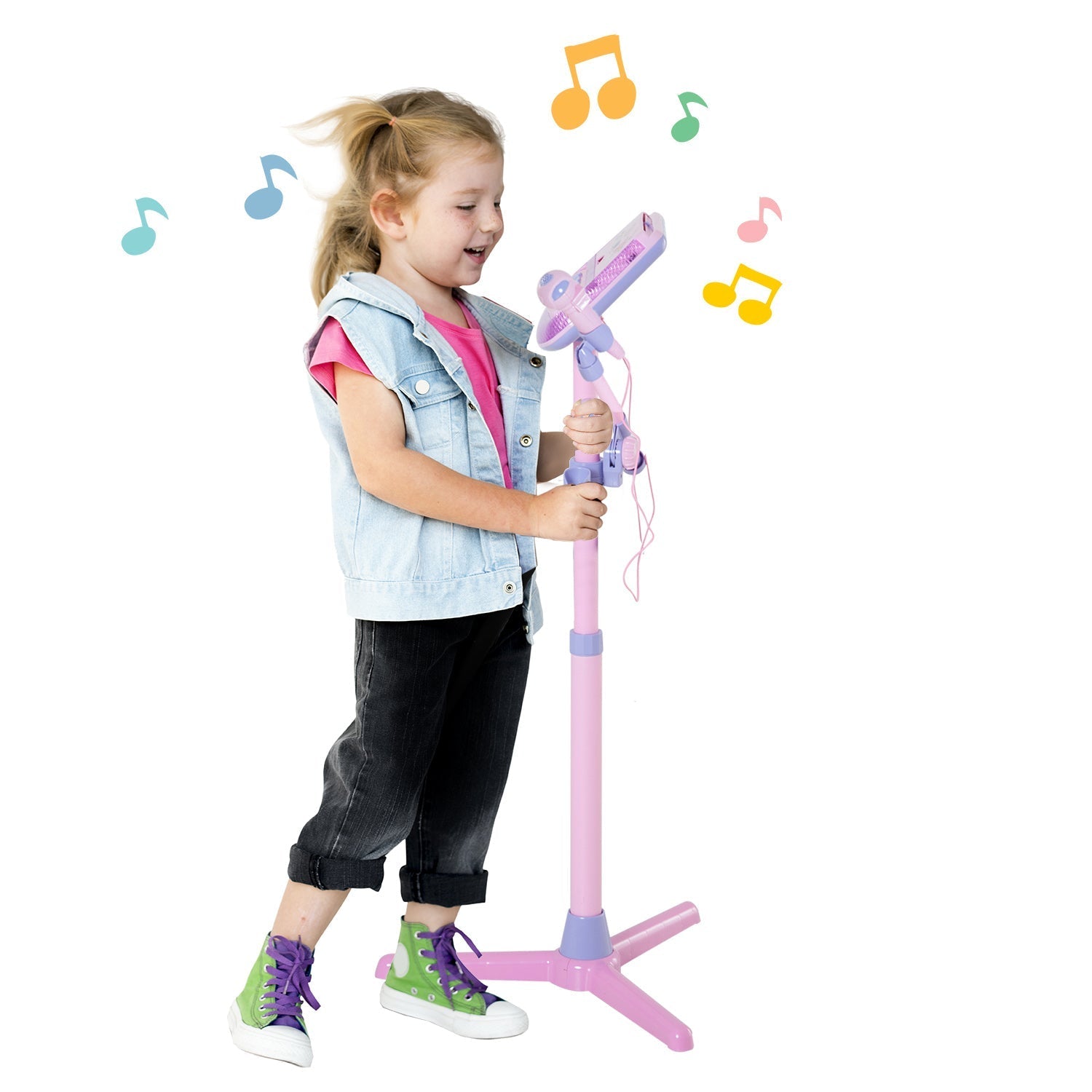 Kids Karaoke Disco Machine Toy Adjustable Microphone Speaker Stand Connected to iPod Phone MP3 Players Light Pink Electronic Musical Pianos Pink  at Gallery Canada