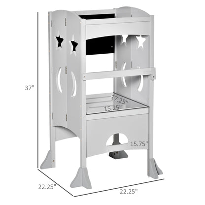 Kids Kitchen Helper Foldable Step Stool Toddler Kitchen Stool with Blackboard Lockable Handrail for 3-6 Years old Grey Toddler & Kids Step Stools   at Gallery Canada