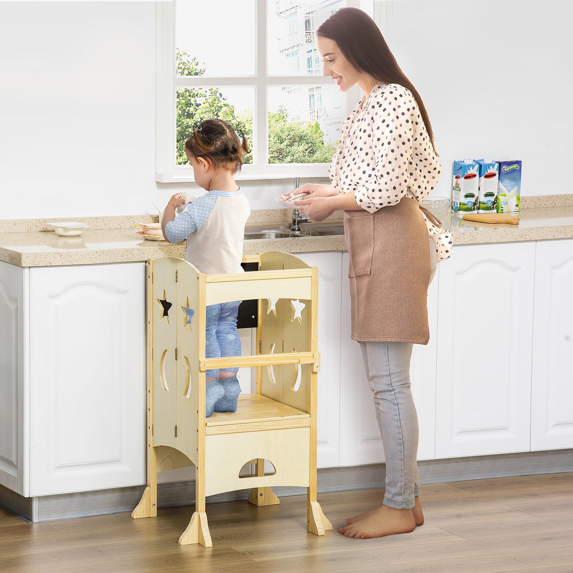 Kids Kitchen Helper Foldable Step Stool Toddler Kitchen Stool with Blackboard Lockable Handrail for 3-6 Years old Natural Toddler & Kids Step Stools   at Gallery Canada