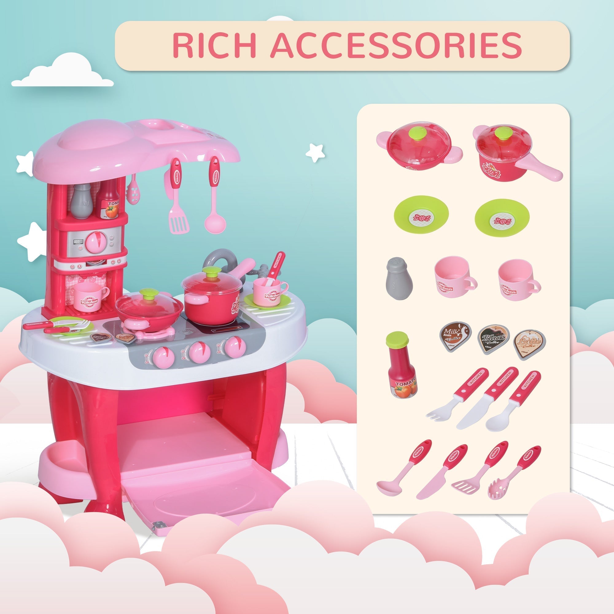 Kids Kitchen Set Kitchen Playset Pretend Toy Children Role Play Game Toy with Light &; Sound Function 38Pcs Toy Accessories - Pink Play Kitchen   at Gallery Canada