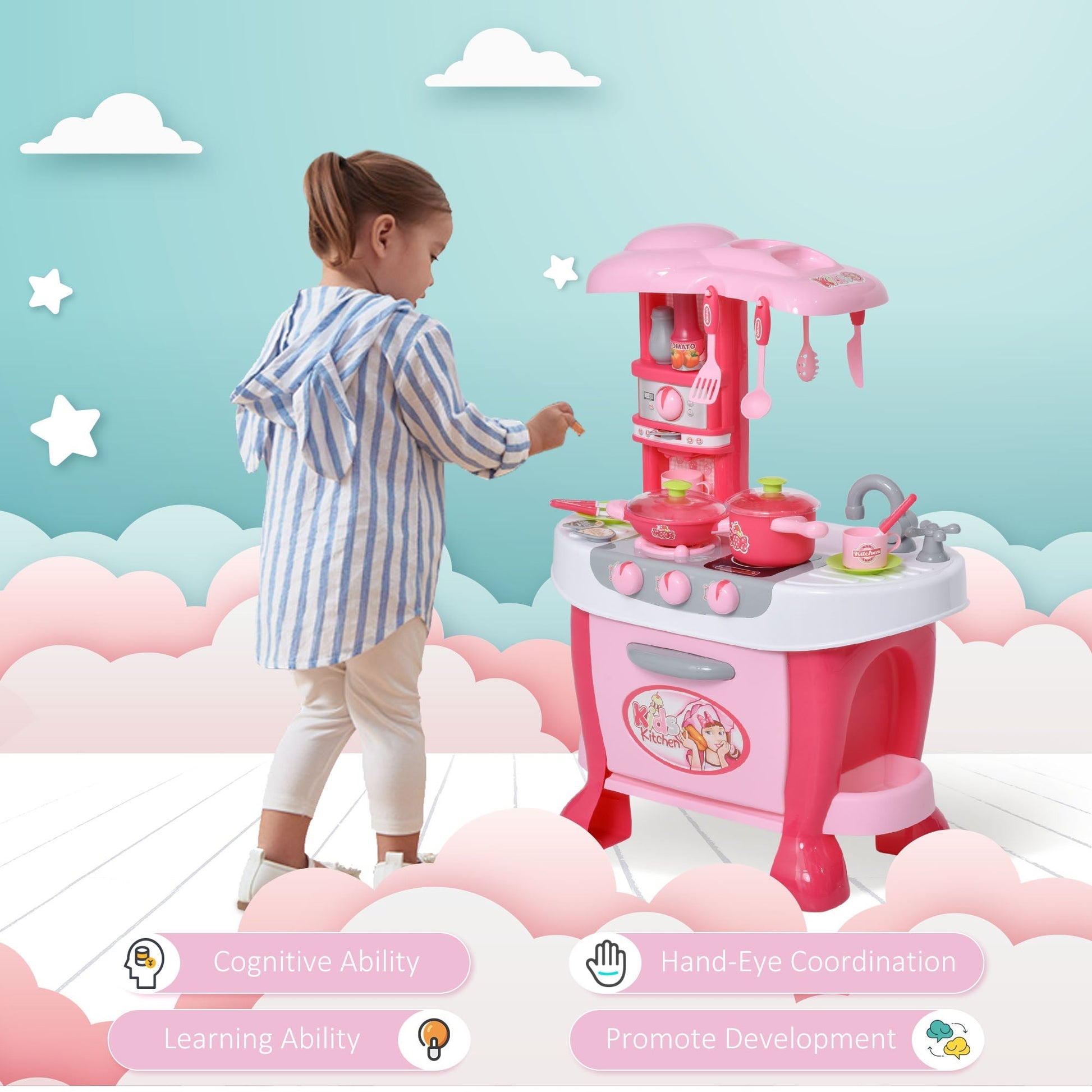 Kids Kitchen Set Kitchen Playset Pretend Toy Children Role Play Game Toy with Light &; Sound Function 38Pcs Toy Accessories - Pink Play Kitchen   at Gallery Canada