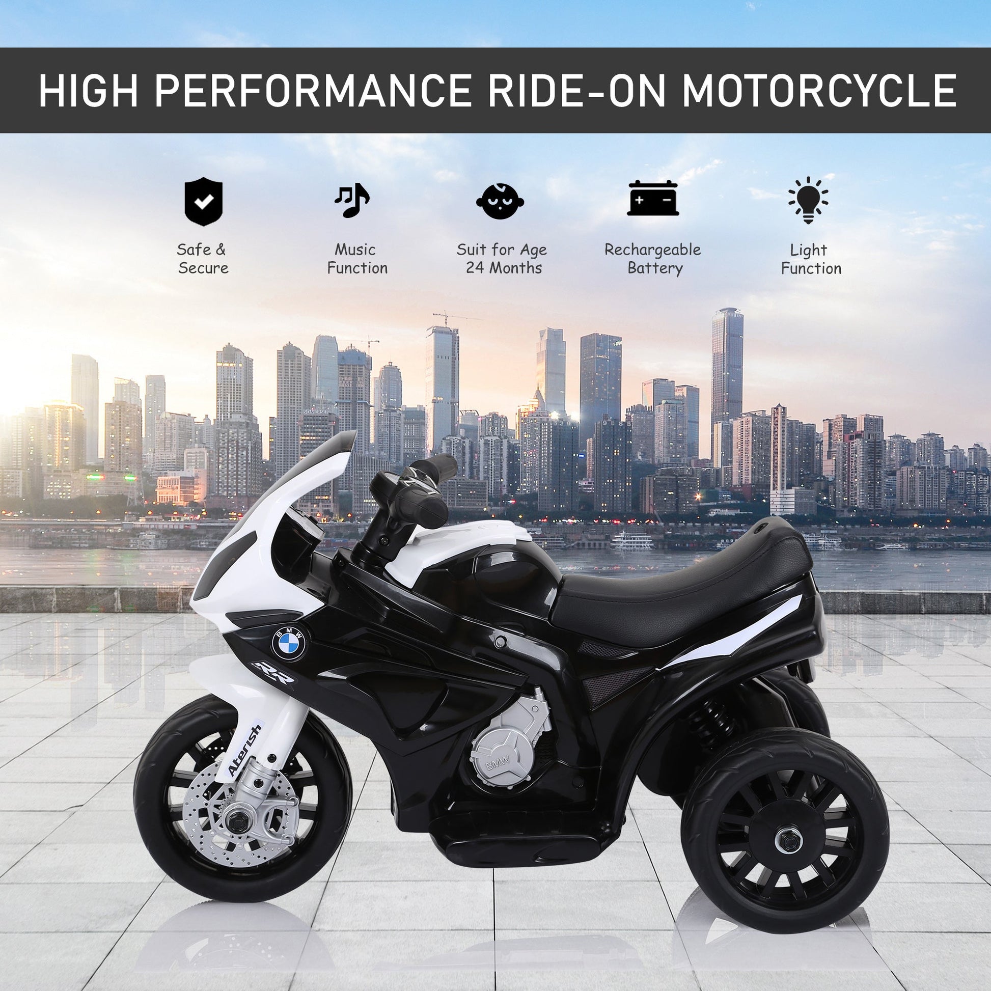 Licensed BMW 6V Kids Electric Motorcycle with Headlight, Music, 3 Wheels - Black Electric Motorcycles   at Gallery Canada