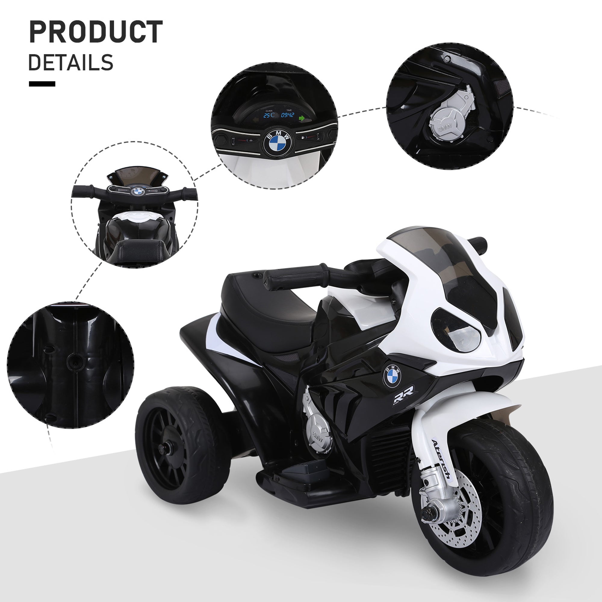 Licensed BMW 6V Kids Electric Motorcycle with Headlight, Music, 3 Wheels - Black Electric Motorcycles   at Gallery Canada