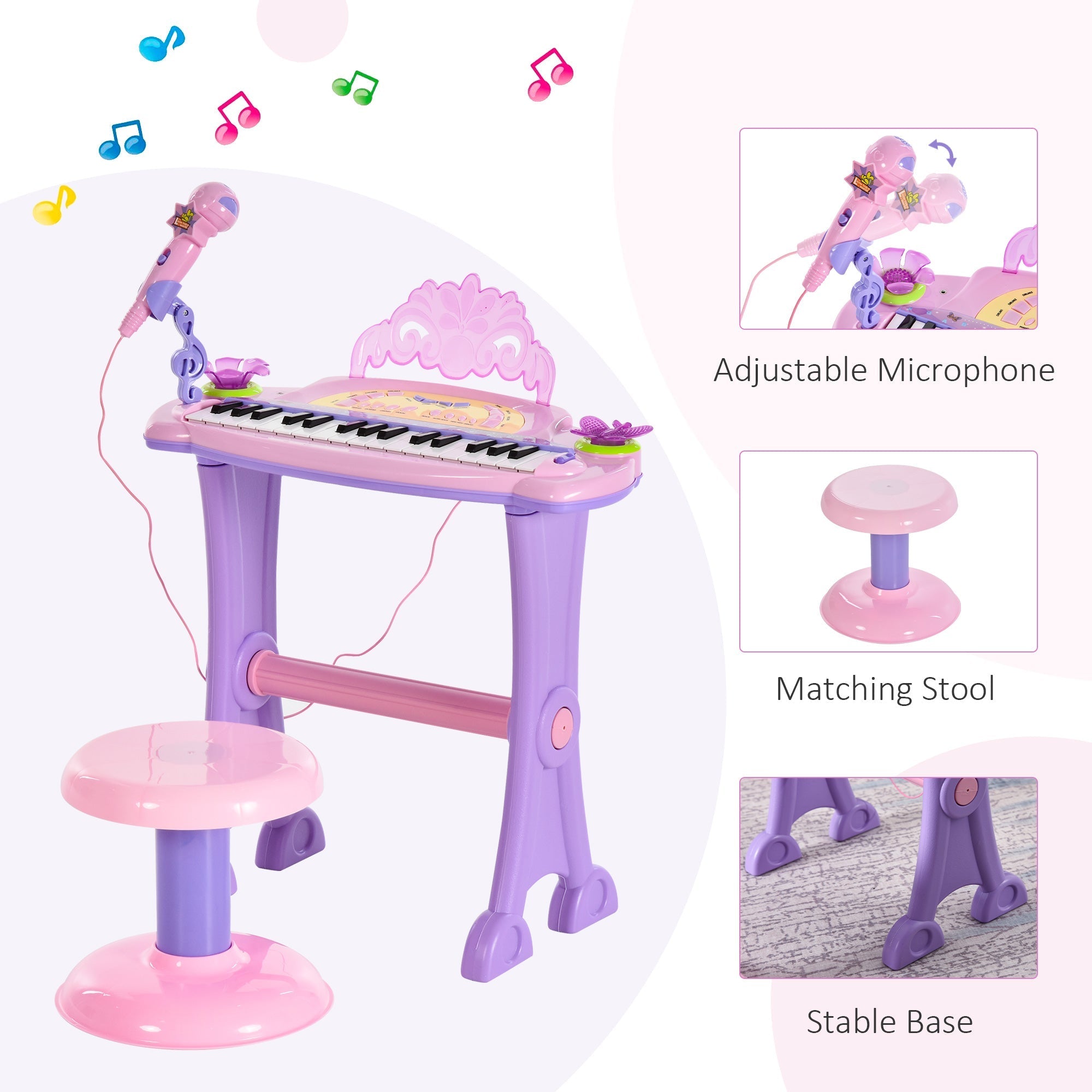 Kids Piano Electronic Keyboard Instrument with Microphone and Stool 32 Keys Musical Toy Organ Educational Gift for Children Pink Electronic Musical Pianos   at Gallery Canada