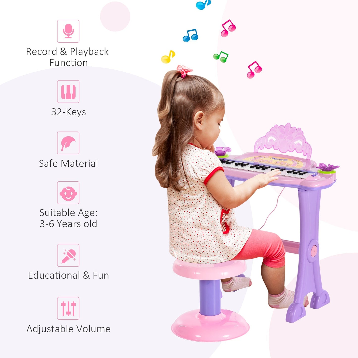 Kids Piano Electronic Keyboard Instrument with Microphone and Stool 32 Keys Musical Toy Organ Educational Gift for Children Pink Electronic Musical Pianos   at Gallery Canada