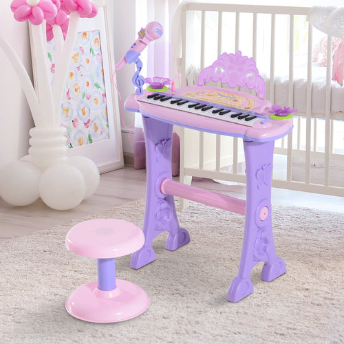 Kids Piano Electronic Keyboard Instrument with Microphone and Stool 32 Keys Musical Toy Organ Educational Gift for Children Pink