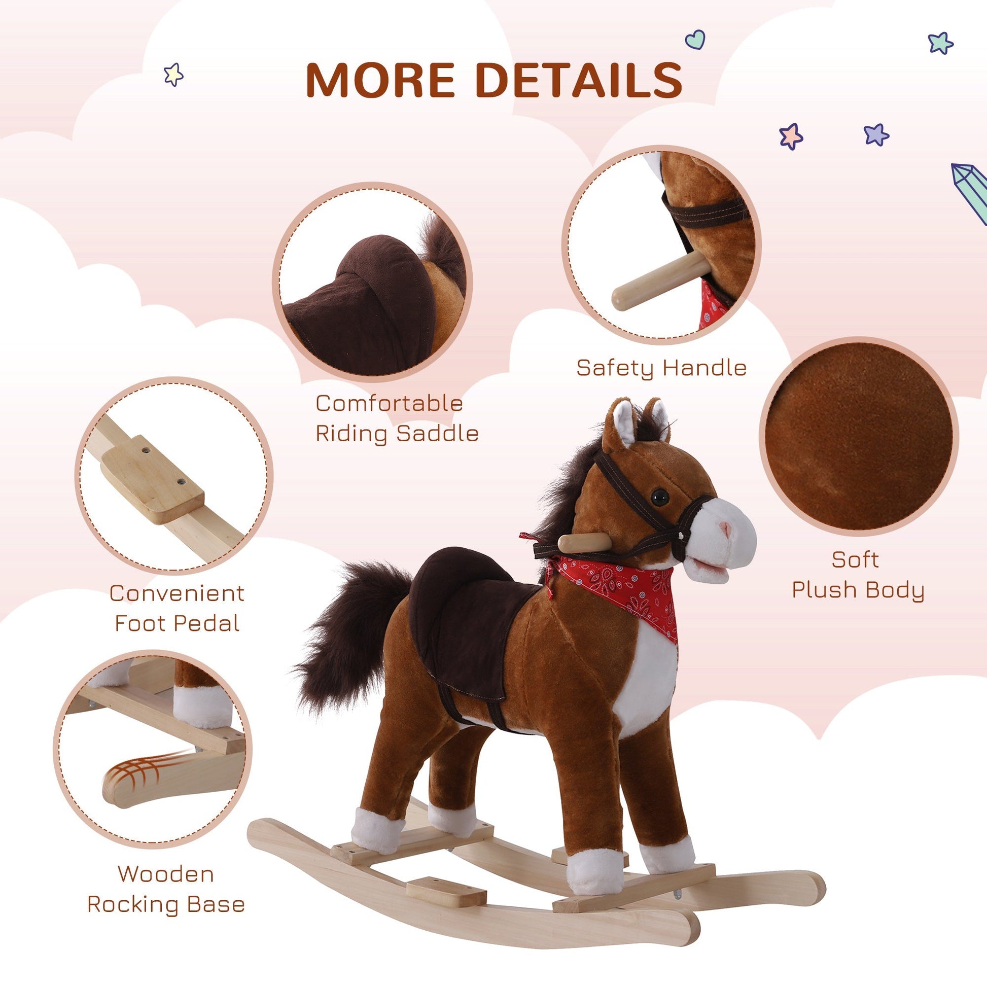 Kids Plush Ride On Rocking Horse Child Animal Adventure Rocker Chair Playtime Toy with Sound Scarf Included Red Brown - Gallery Canada