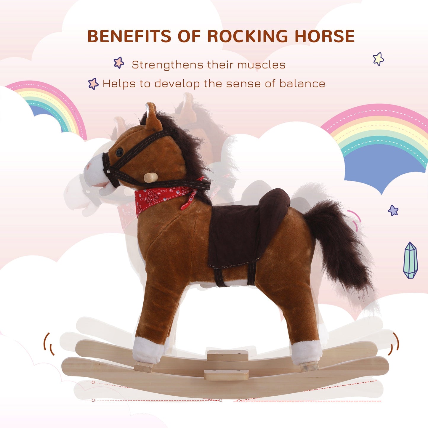 Kids Plush Ride On Rocking Horse Child Animal Adventure Rocker Chair Playtime Toy with Sound Scarf Included Red Brown - Gallery Canada