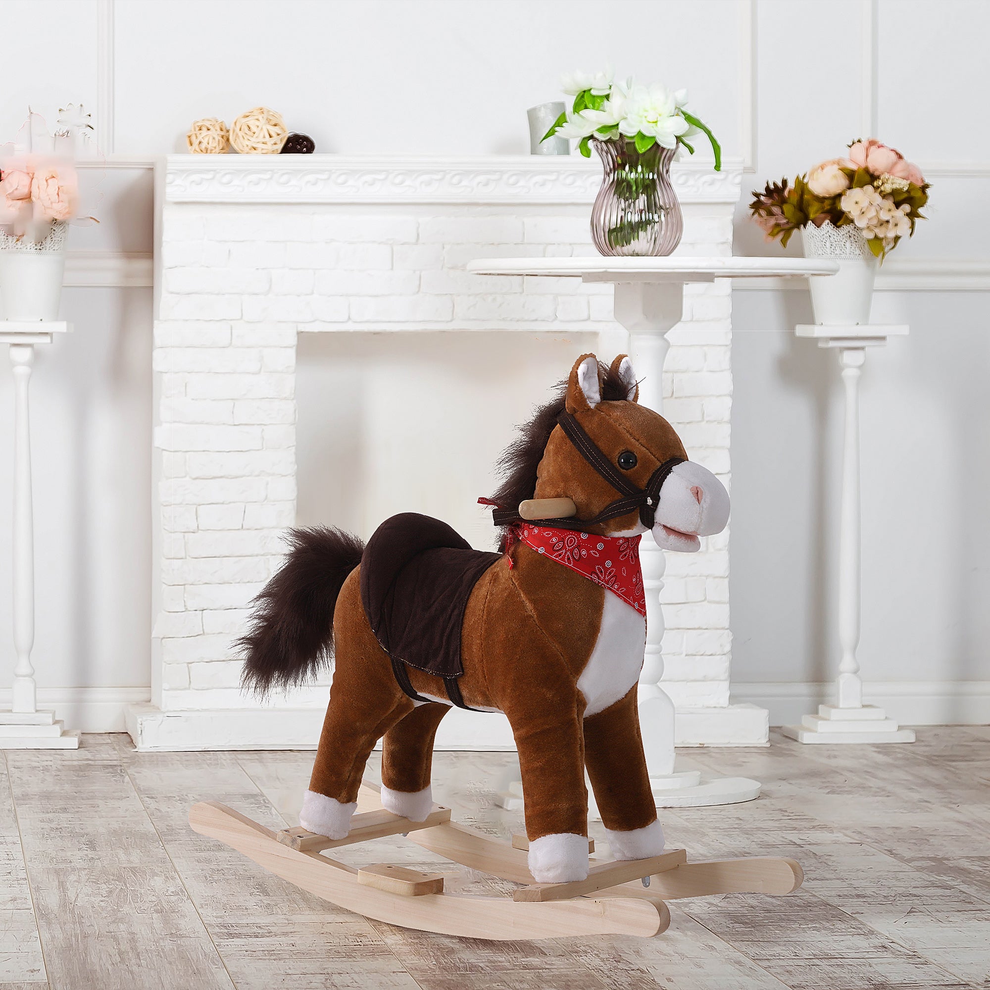 Kids Plush Ride On Rocking Horse Child Animal Adventure Rocker Chair Playtime Toy with Sound Scarf Included Red Brown Rocking Horses   at Gallery Canada