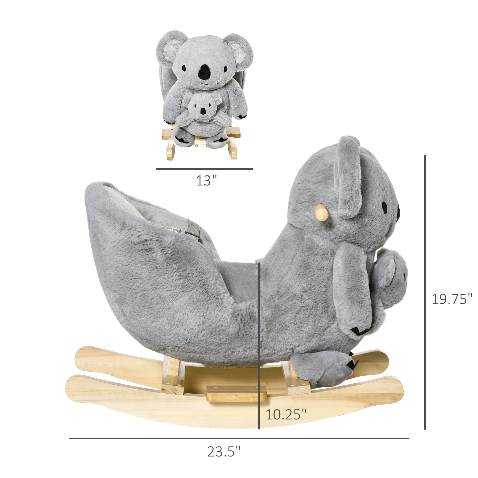 Kids Plush Ride-On Rocking Horse Koala-shaped Plush Toy Rocker with Gloved Doll Realistic Sounds for Child 18-36 Months Grey Rocking Horses   at Gallery Canada