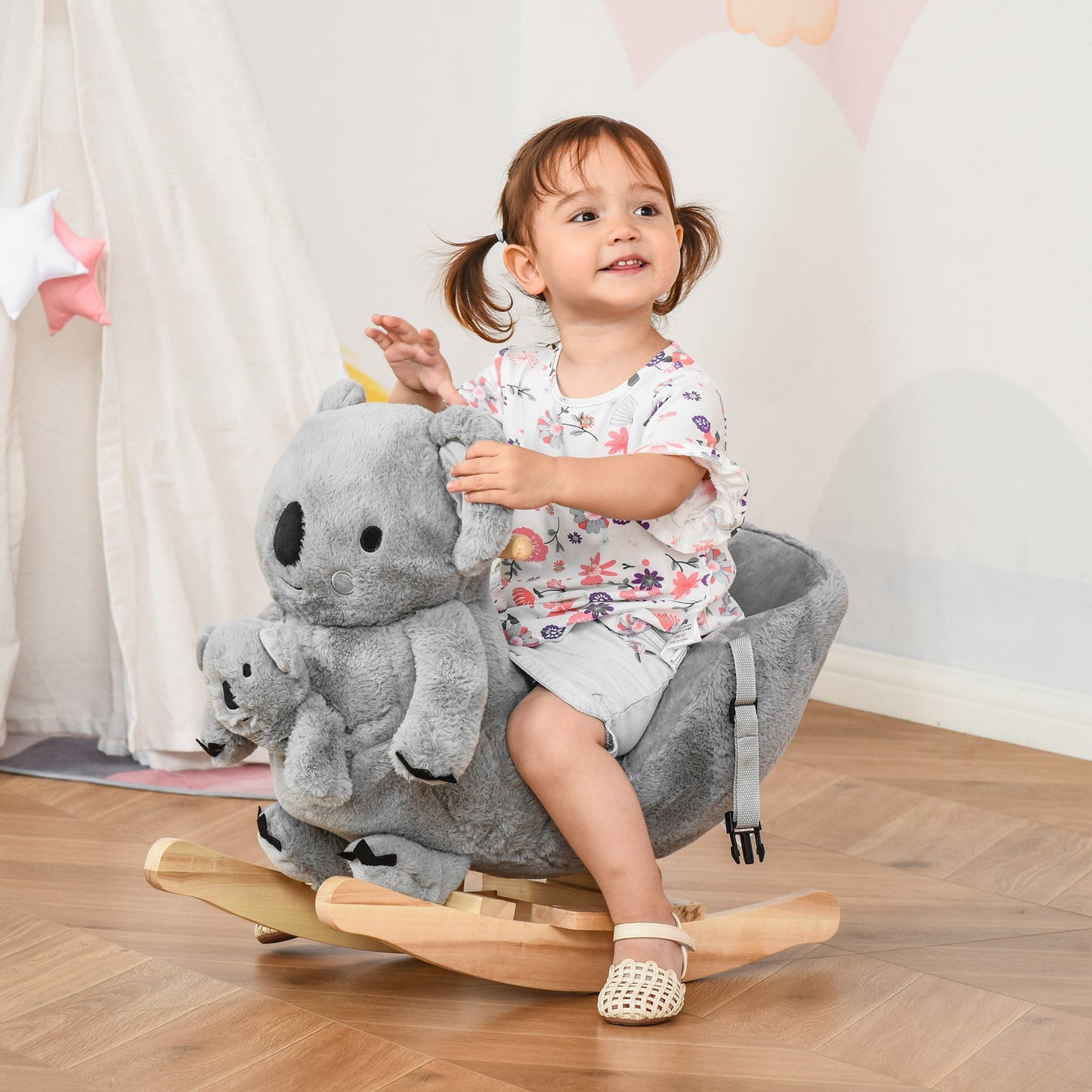 Kids Plush Ride-On Rocking Horse Koala-shaped Plush Toy Rocker with Gloved Doll Realistic Sounds for Child 18-36 Months Grey Rocking Horses   at Gallery Canada