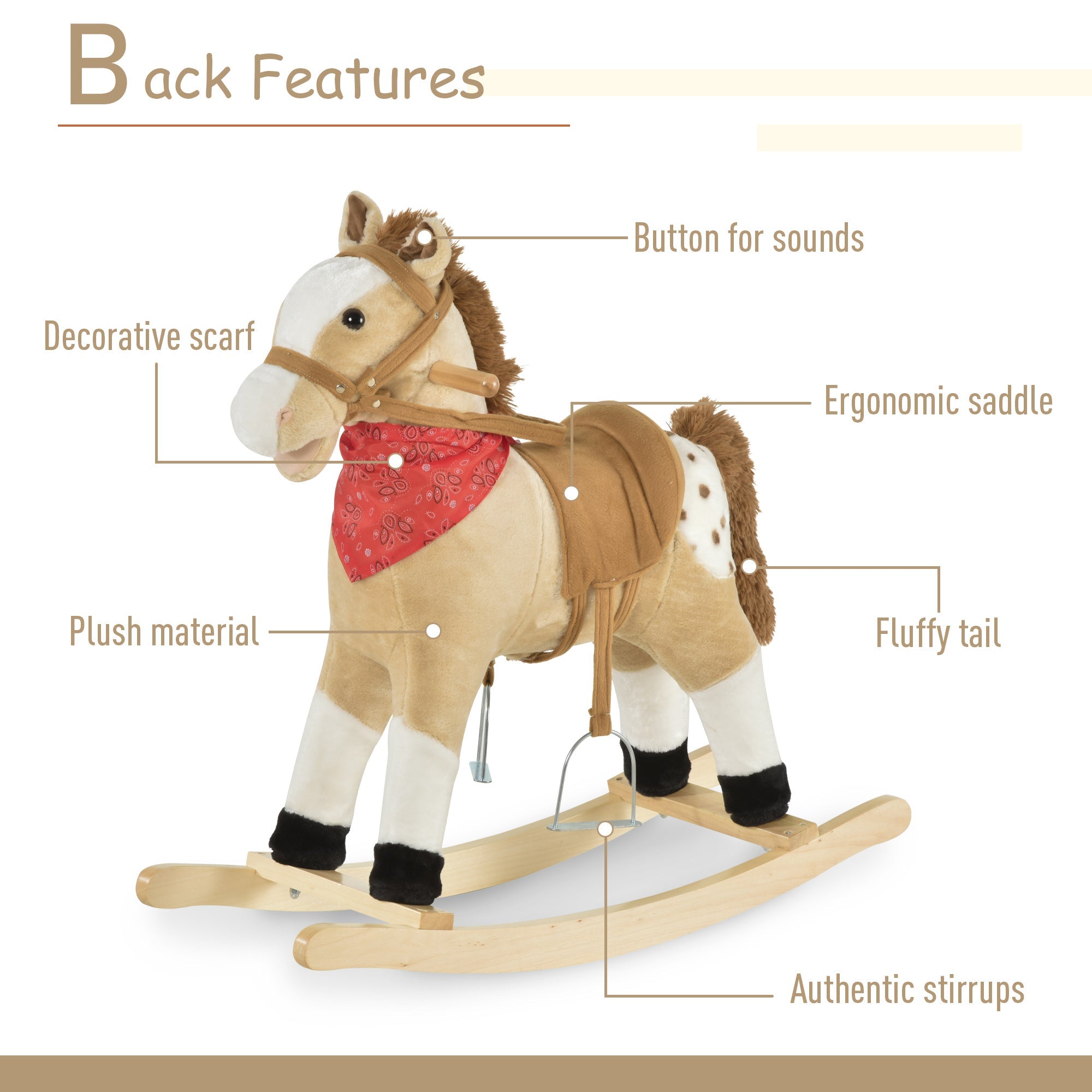 Kids Plush Ride-On Rocking Horse Toy Cowboy Rocker with Fun Realistic Sounds for Child 3-6 Years Old, Beige Rocking Horses   at Gallery Canada