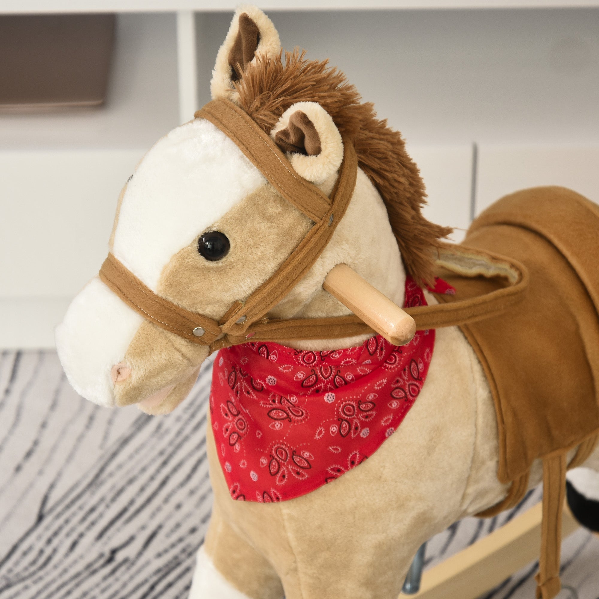 Kids Plush Ride-On Rocking Horse Toy Cowboy Rocker with Fun Realistic Sounds for Child 3-6 Years Old, Beige Rocking Horses   at Gallery Canada