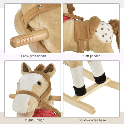 Kids Plush Ride-On Rocking Horse Toy Cowboy Rocker with Fun Realistic Sounds for Child 3-6 Years Old, Beige Rocking Horses   at Gallery Canada