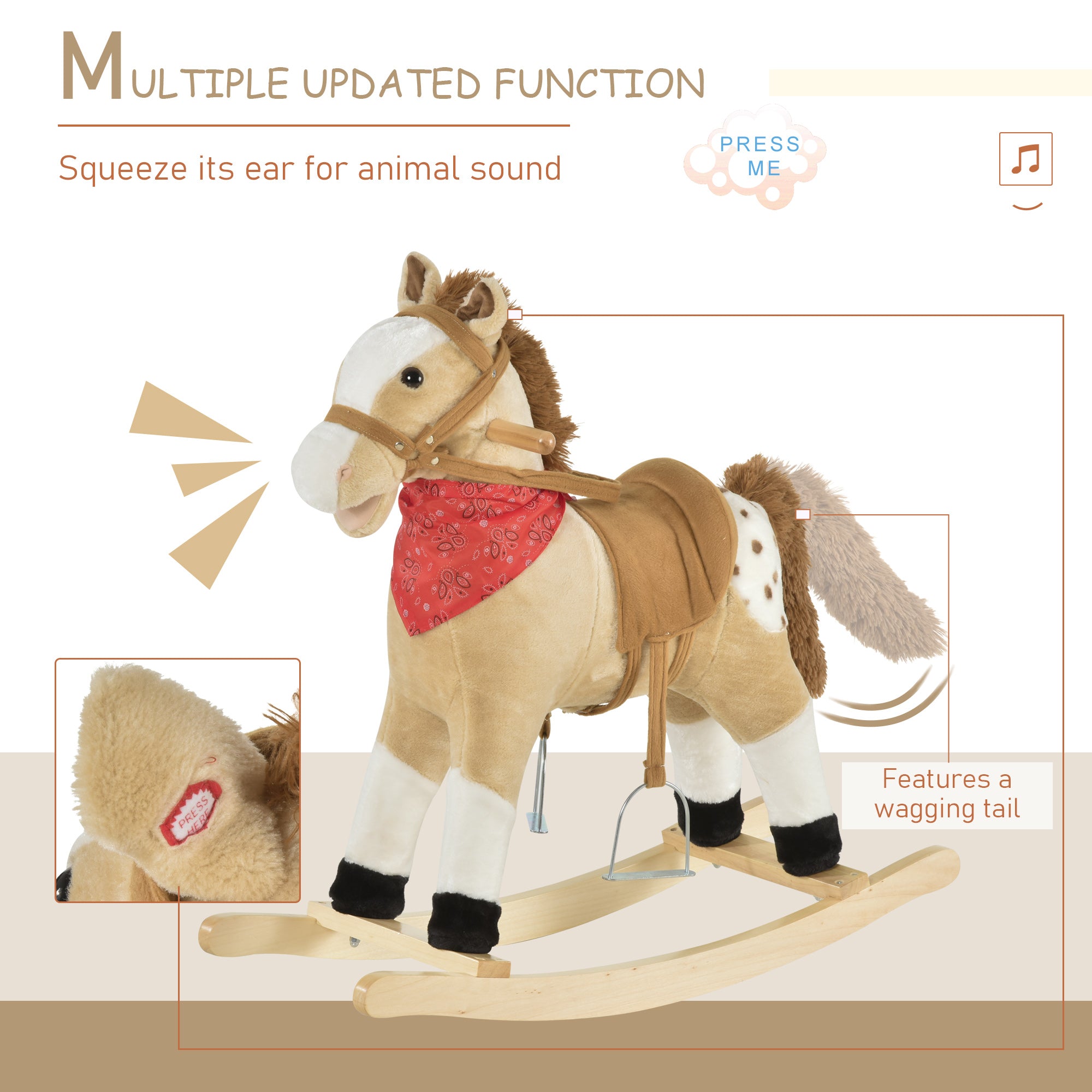 Kids Plush Ride-On Rocking Horse Toy Cowboy Rocker with Fun Realistic Sounds for Child 3-6 Years Old, Beige Rocking Horses   at Gallery Canada