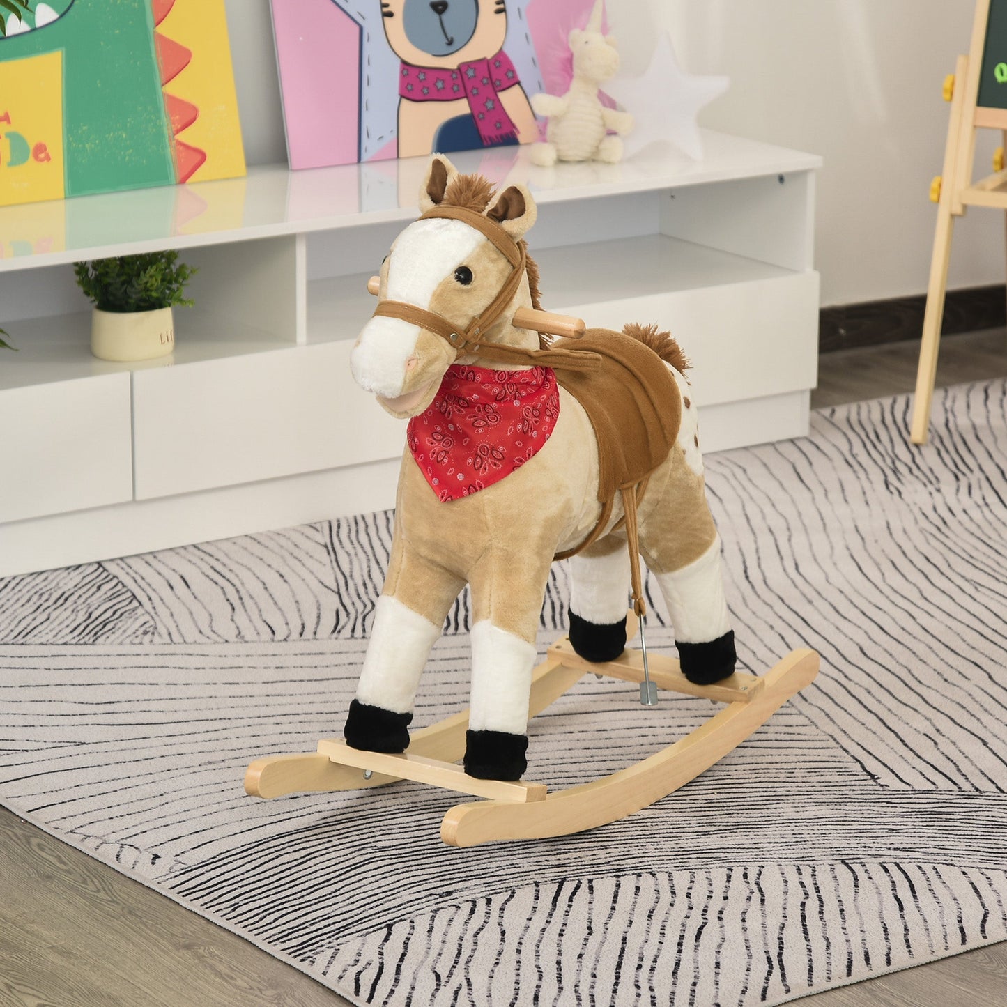 Kids Plush Ride-On Rocking Horse Toy Cowboy Rocker with Fun Realistic Sounds for Child 3-6 Years Old, Beige Rocking Horses   at Gallery Canada