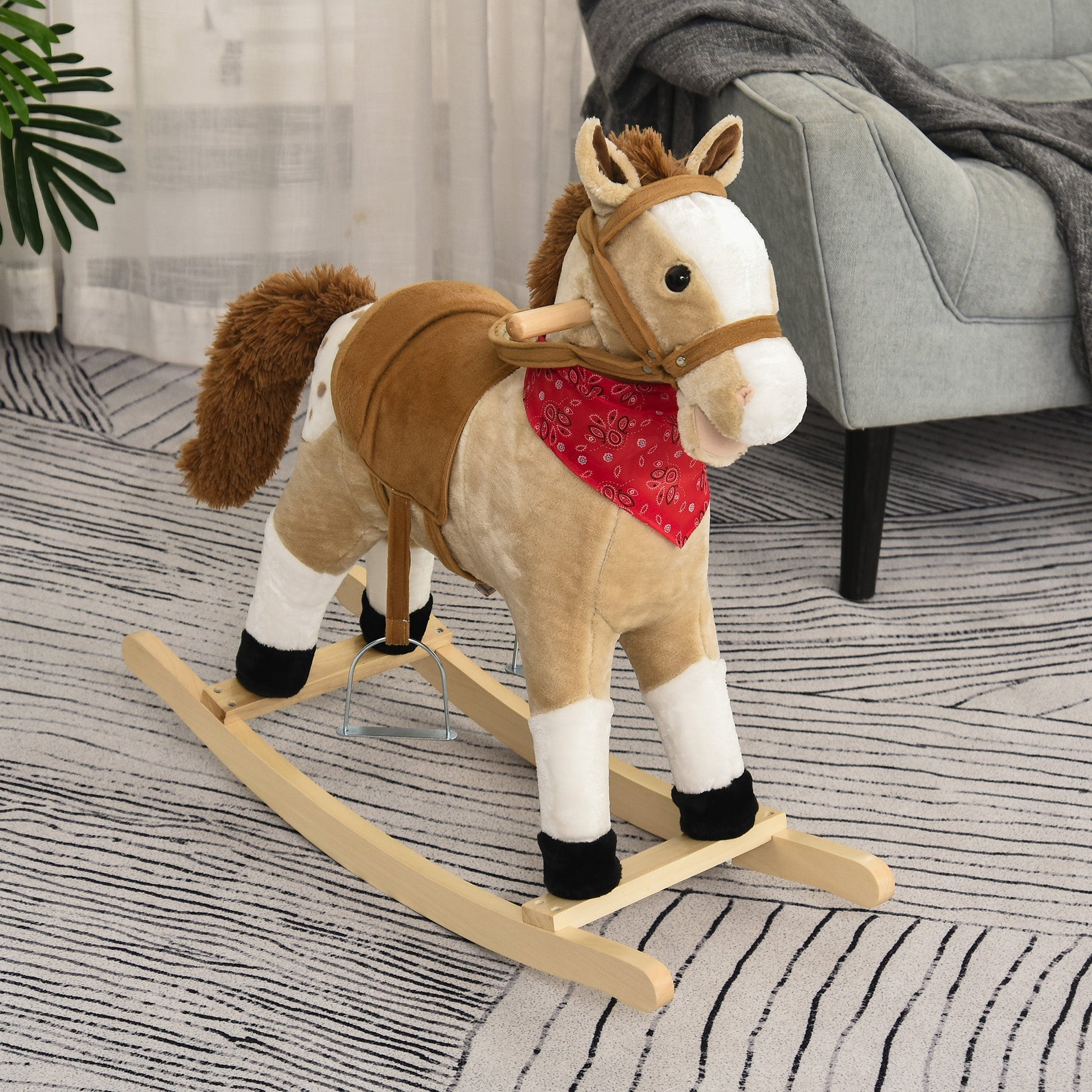 Kids Plush Ride-On Rocking Horse Toy Cowboy Rocker with Fun Realistic Sounds for Child 3-6 Years Old, Beige Rocking Horses   at Gallery Canada