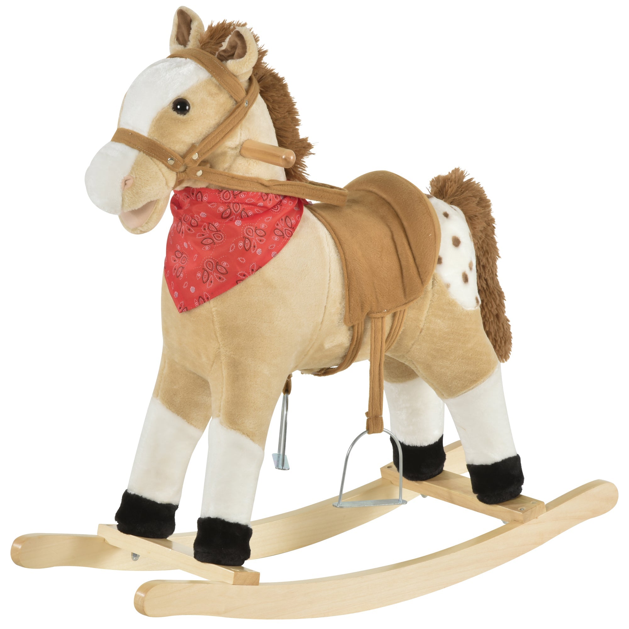 Kids Plush Ride-On Rocking Horse Toy Cowboy Rocker with Fun Realistic Sounds for Child 3-6 Years Old, Beige Rocking Horses Beige  at Gallery Canada