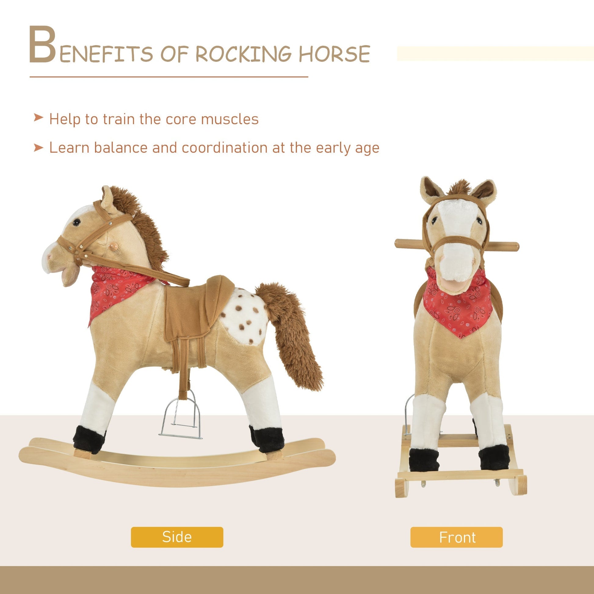 Kids Plush Ride-On Rocking Horse Toy Cowboy Rocker with Fun Realistic Sounds for Child 3-6 Years Old, Beige Rocking Horses   at Gallery Canada