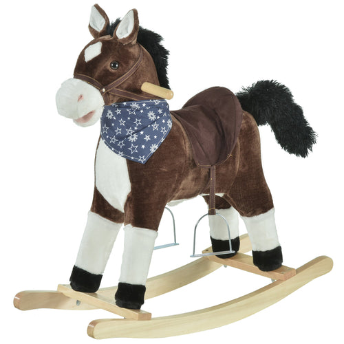 Kids Plush Ride-On Rocking Horse Toy Cowboy Rocker with Fun Realistic Sounds for Child 3-6 Years Old, Brown