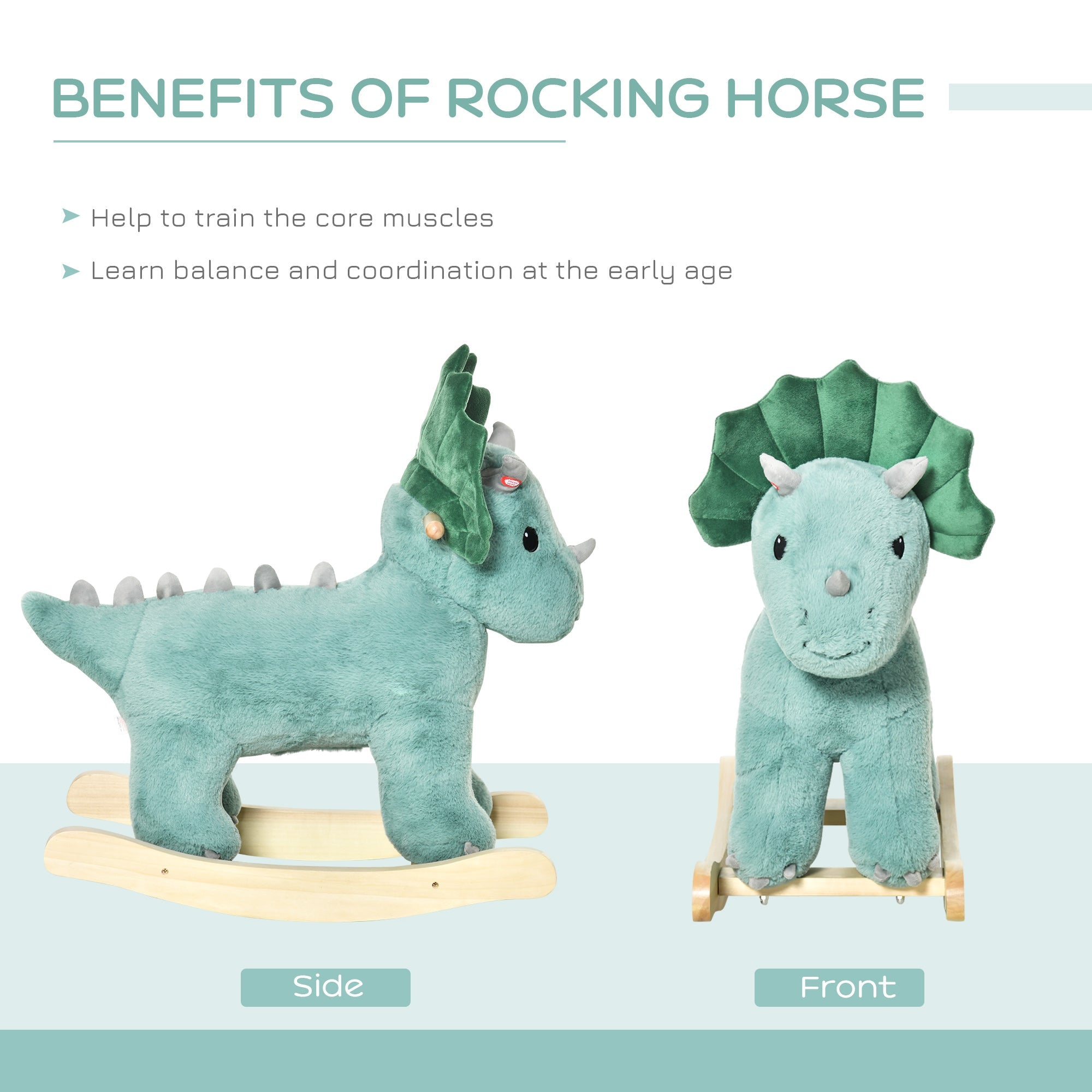 Kids Plush Ride-On Rocking Horse Triceratops-shaped Plush Toy Rocker with Realistic Sounds for Child 36-72 Months Dark Green Rocking Horses   at Gallery Canada