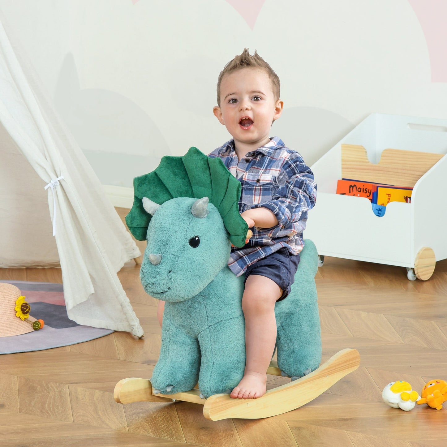 Kids Plush Ride-On Rocking Horse Triceratops-shaped Plush Toy Rocker with Realistic Sounds for Child 36-72 Months Dark Green Rocking Horses   at Gallery Canada