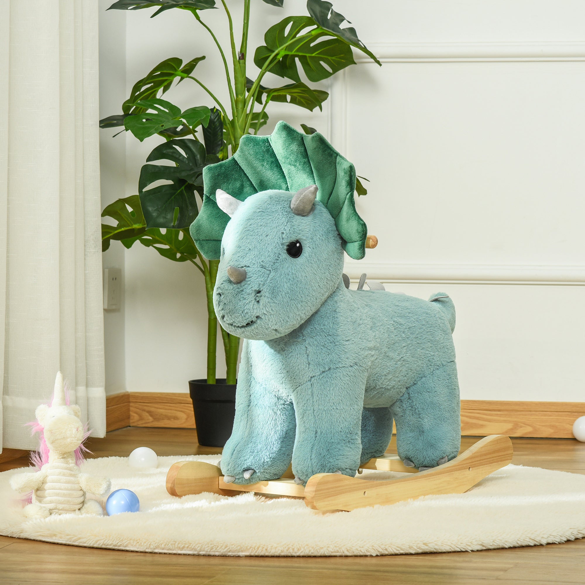 Kids Plush Ride-On Rocking Horse Triceratops-shaped Plush Toy Rocker with Realistic Sounds for Child 36-72 Months Dark Green Rocking Horses   at Gallery Canada