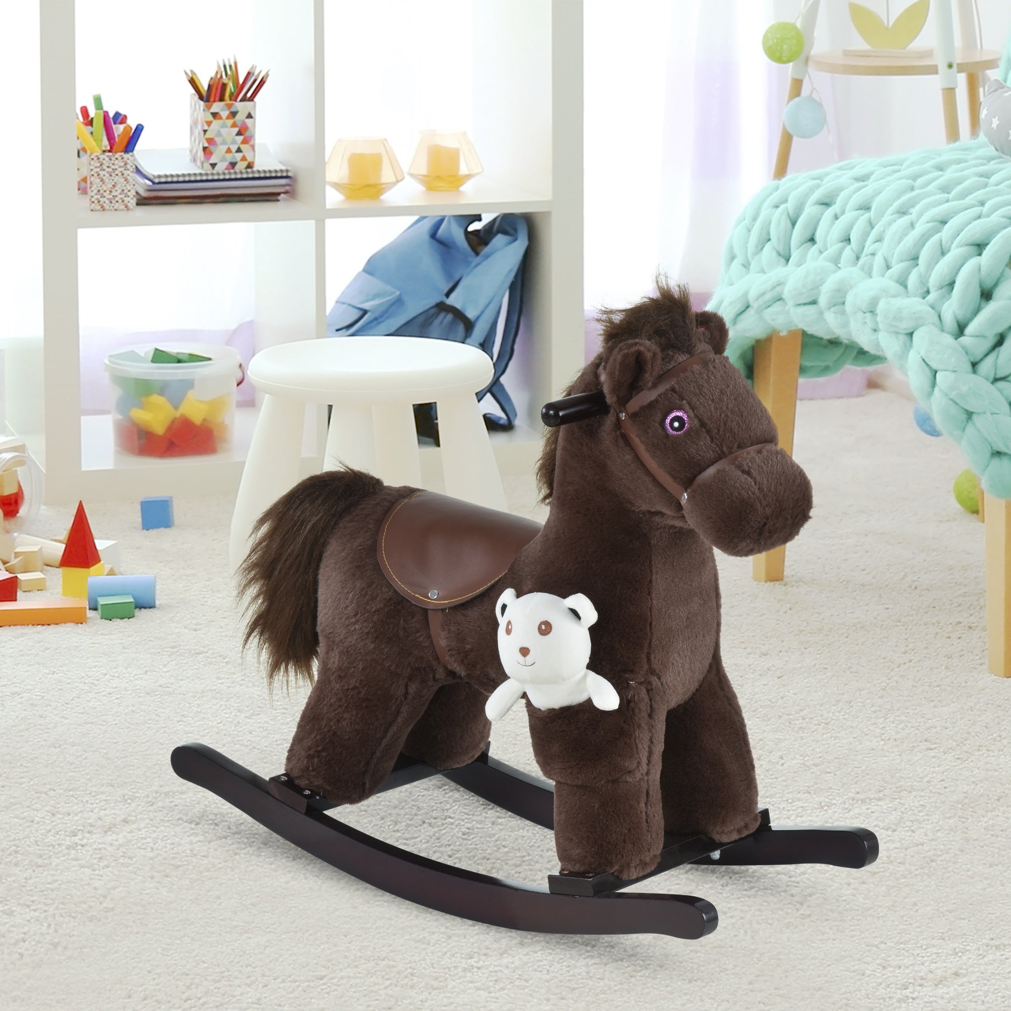 Kids Plush Ride-On Rocking Horse with Bear Toy, Children Chair with Soft Plush Toy &; Fun Realistic Sounds, Brown Rocking Horses   at Gallery Canada