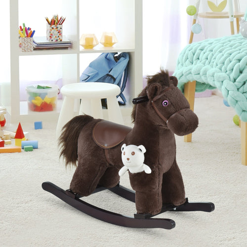 Kids Plush Ride-On Rocking Horse with Bear Toy, Children Chair with Soft Plush Toy &; Fun Realistic Sounds, Brown