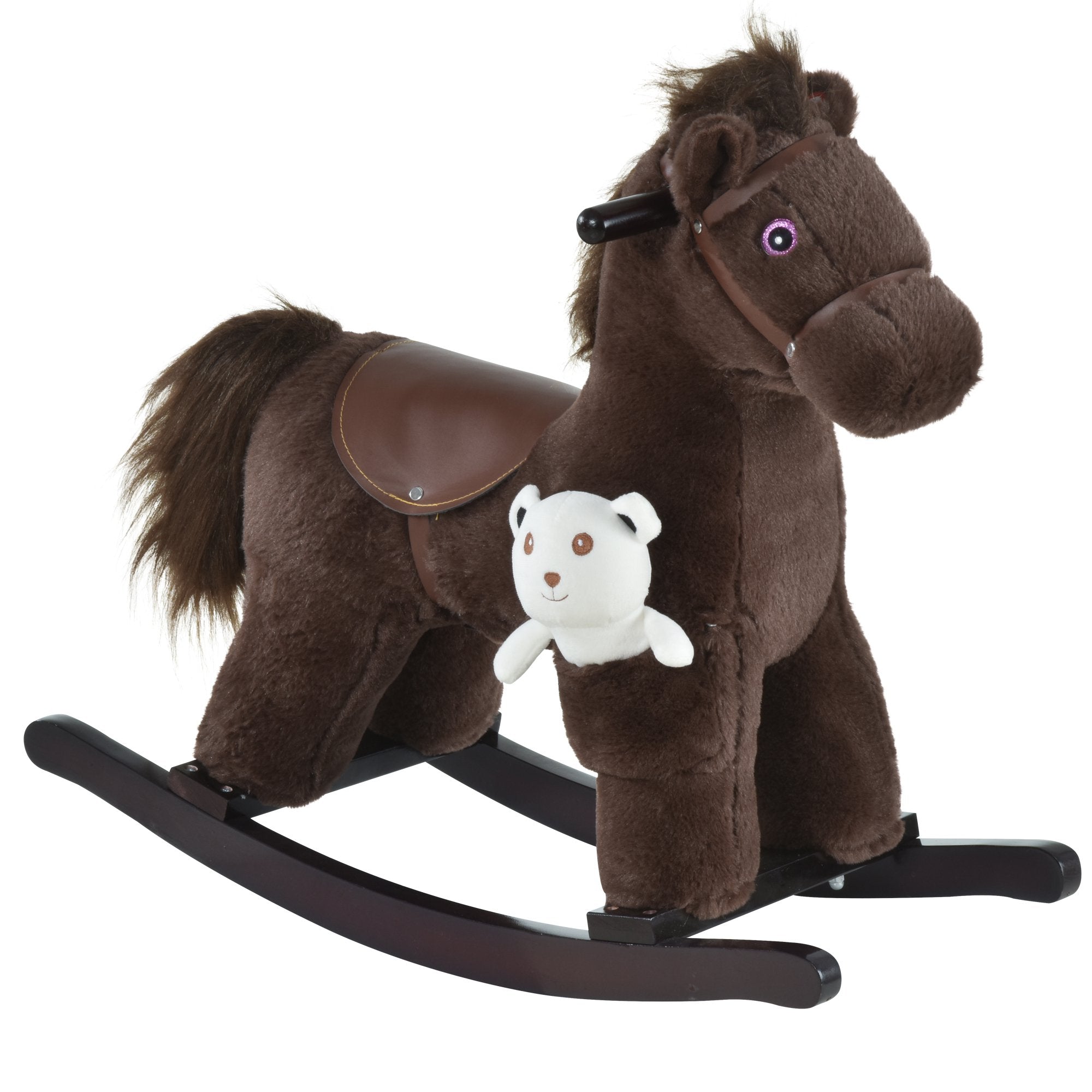 Kids Plush Ride-On Rocking Horse with Bear Toy, Children Chair with Soft Plush Toy &; Fun Realistic Sounds, Brown Rocking Horses Brown  at Gallery Canada