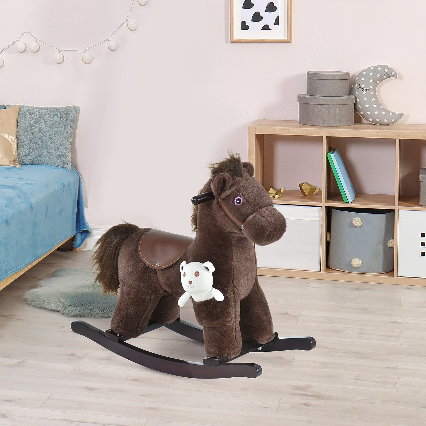 Kids Plush Ride-On Rocking Horse with Bear Toy, Children Chair with Soft Plush Toy &; Fun Realistic Sounds, Brown Rocking Horses   at Gallery Canada