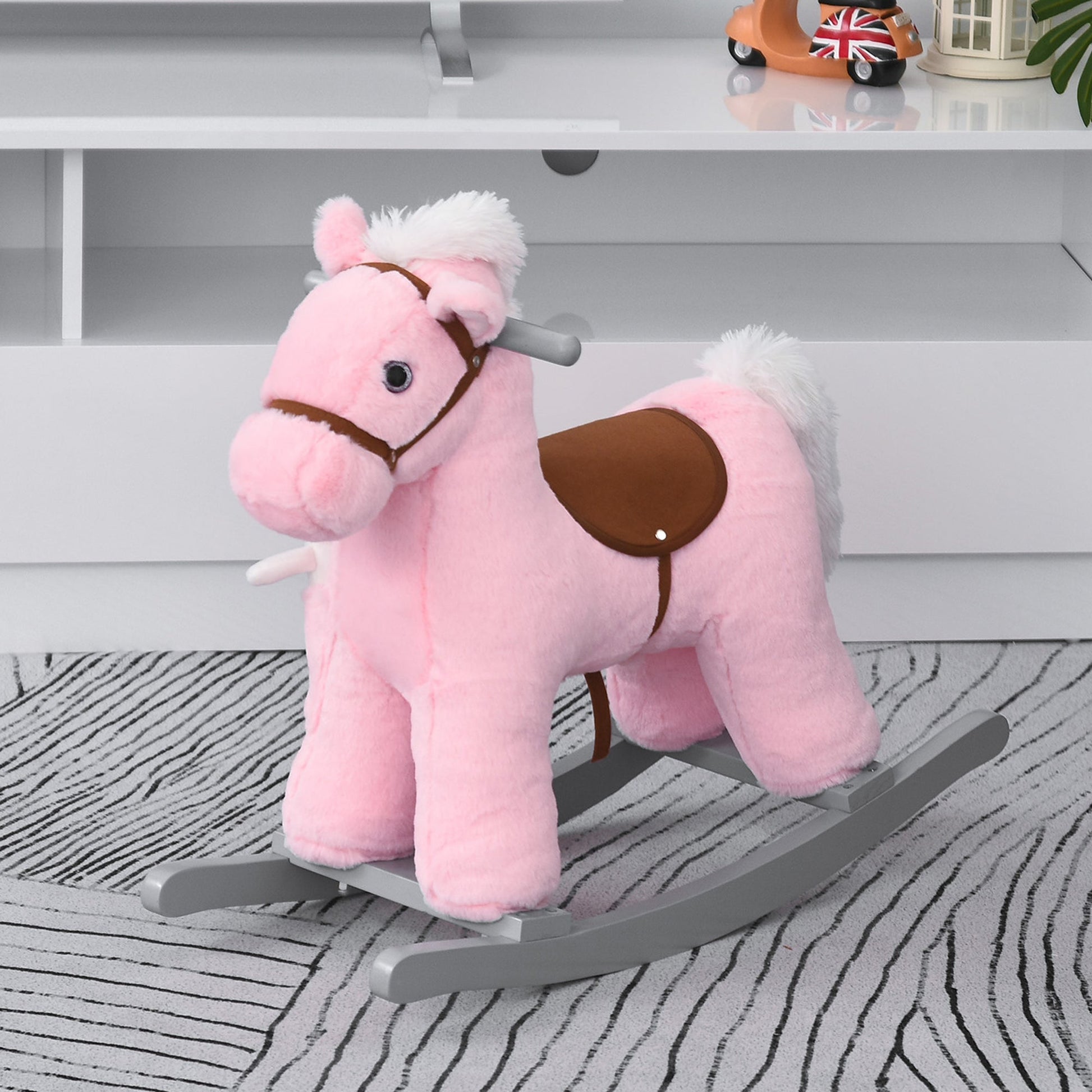 Kids Plush Ride-On Rocking Horse with Bear Toy, Children Chair with Soft Plush Toy &; Fun Realistic Sounds, Pink Rocking Horses   at Gallery Canada