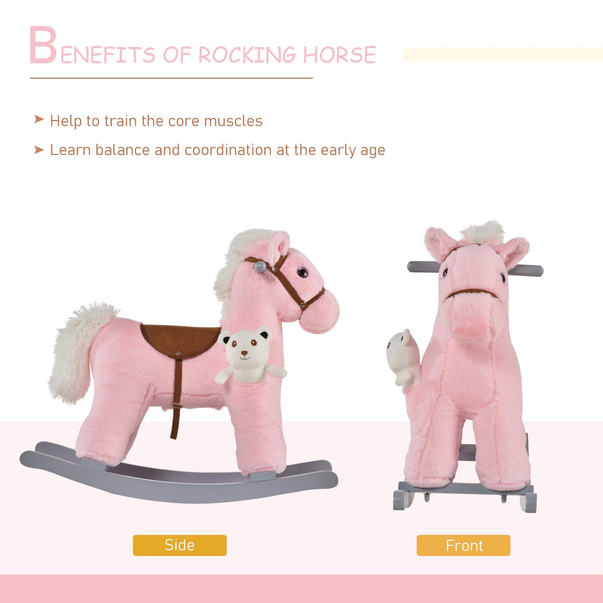 Kids Plush Ride-On Rocking Horse with Bear Toy, Children Chair with Soft Plush Toy &; Fun Realistic Sounds, Pink Rocking Horses   at Gallery Canada