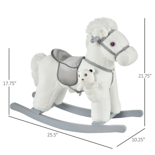 Kids Plush Ride-On Rocking Horse with Bear Toy, Children Chair with Soft Plush Toy &; Fun Realistic Sounds, White