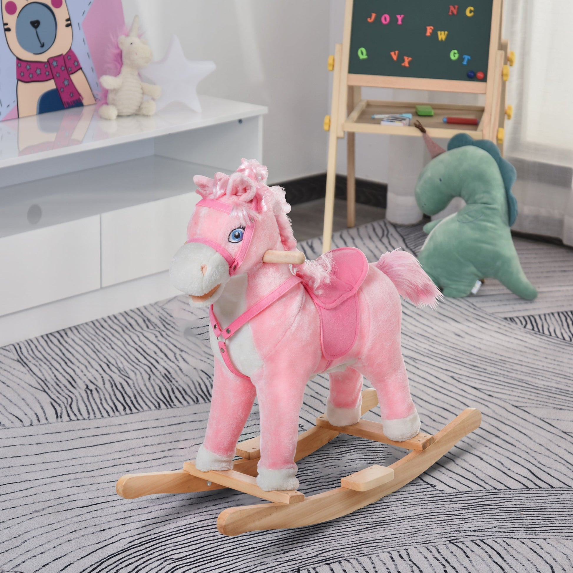 Kids Plush Rocking Horse Child Ride On Toy Rocker with Realistic Sounds Pink Rocking Horses   at Gallery Canada