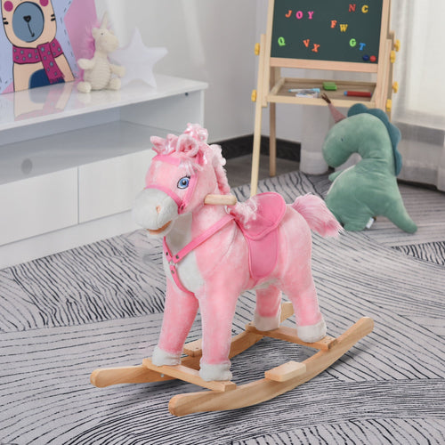 Kids Plush Rocking Horse Child Ride On Toy Rocker with Realistic Sounds Pink