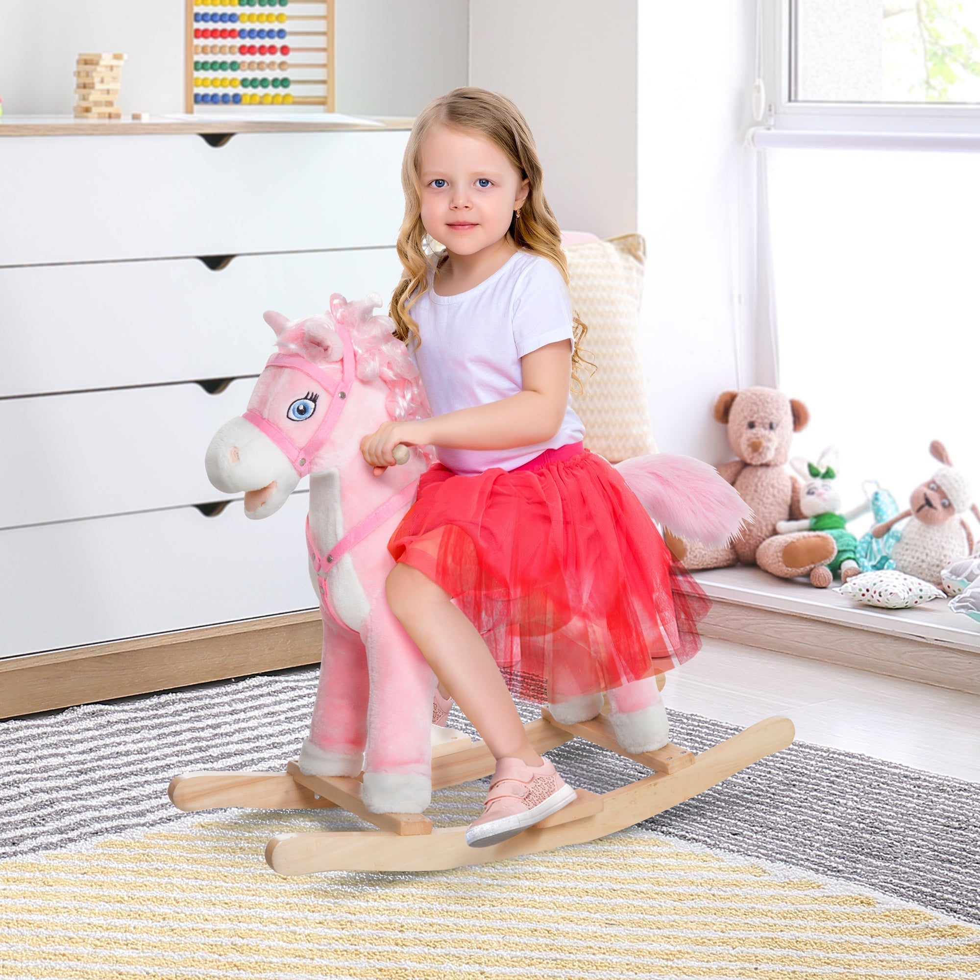 Kids Plush Rocking Horse Child Ride On Toy Rocker with Realistic Sounds Pink Rocking Horses   at Gallery Canada