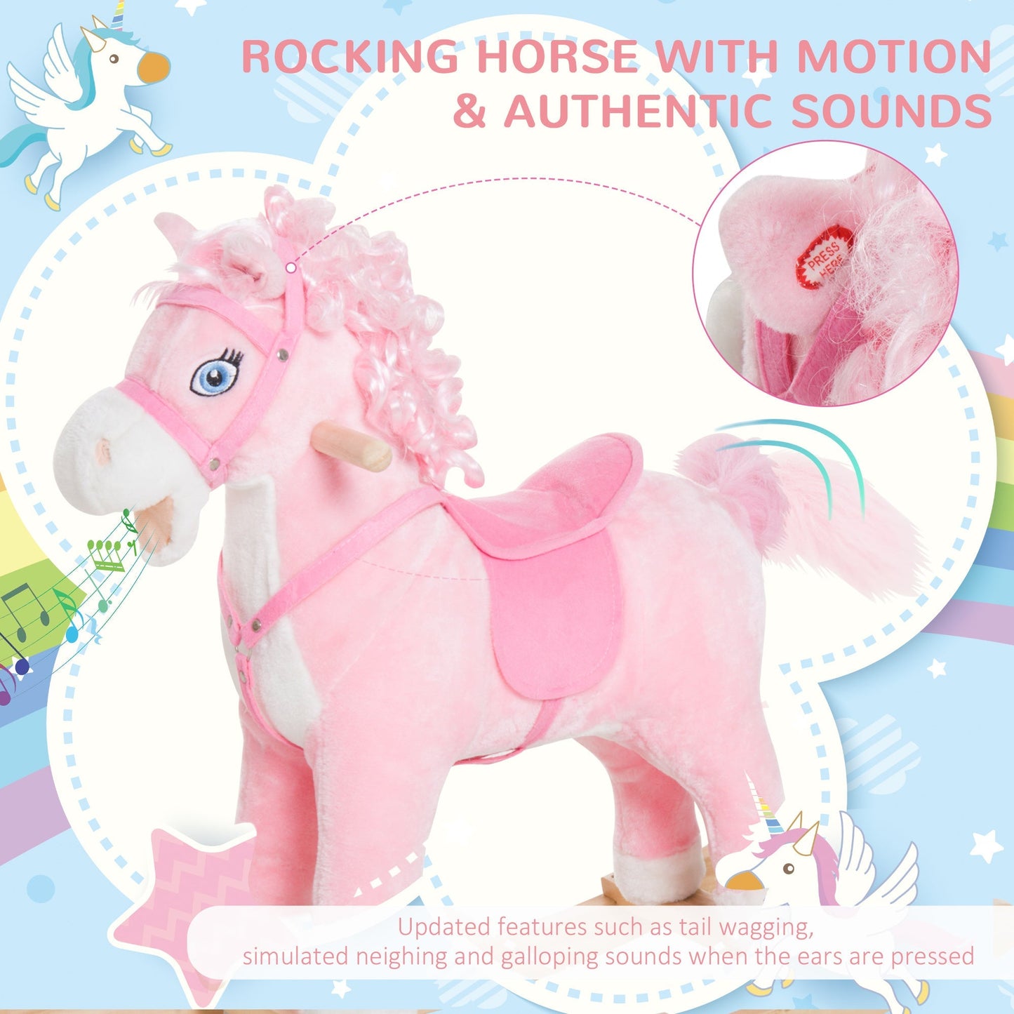 Kids Plush Rocking Horse Child Ride On Toy Rocker with Realistic Sounds Pink Rocking Horses   at Gallery Canada