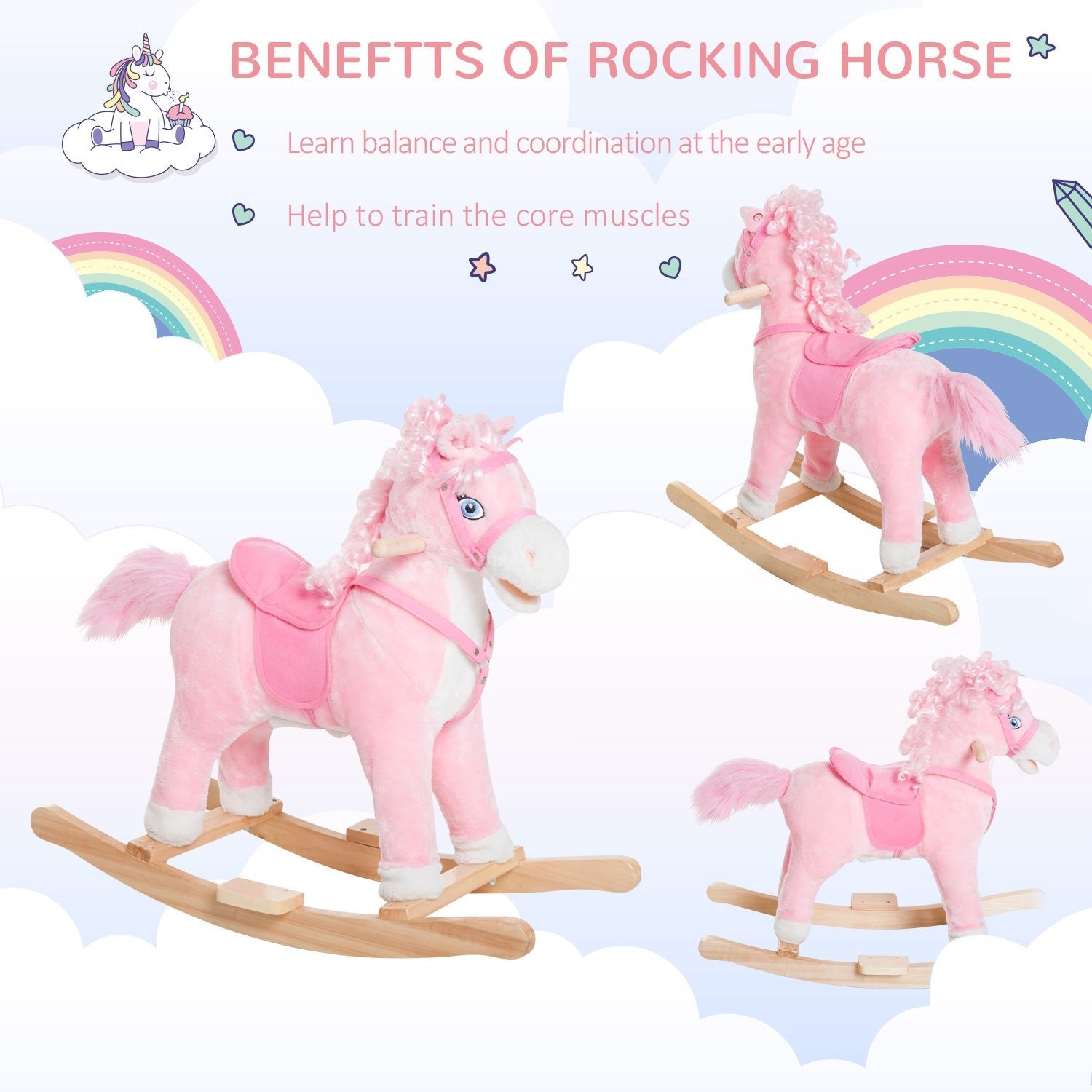 Kids Plush Rocking Horse Child Ride On Toy Rocker with Realistic Sounds Pink Rocking Horses   at Gallery Canada